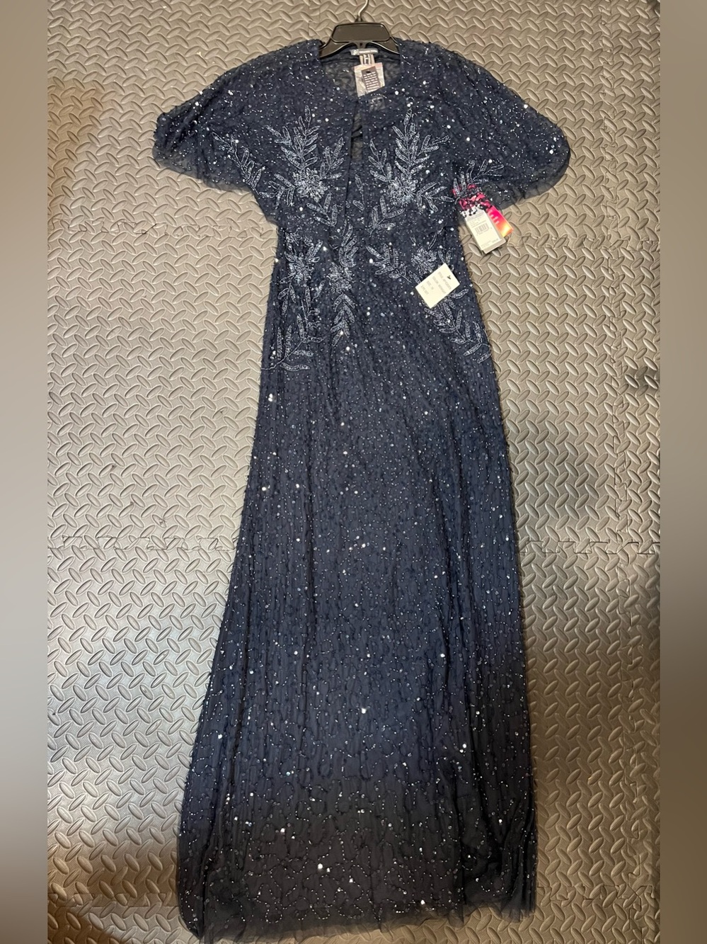Adrianna Papell Navy Sequin & Bead Embellished Maxi Dress